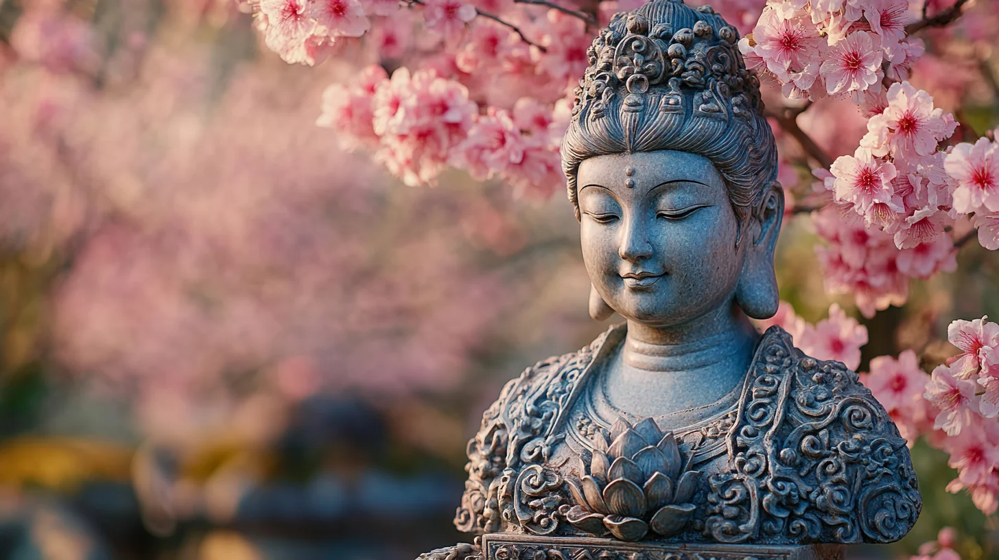 Traditionel asiatisk buste med smukt detaljeret design og lotusblomst, omgivet af blomstrende kirsebærtræer i en fredfyldt have.