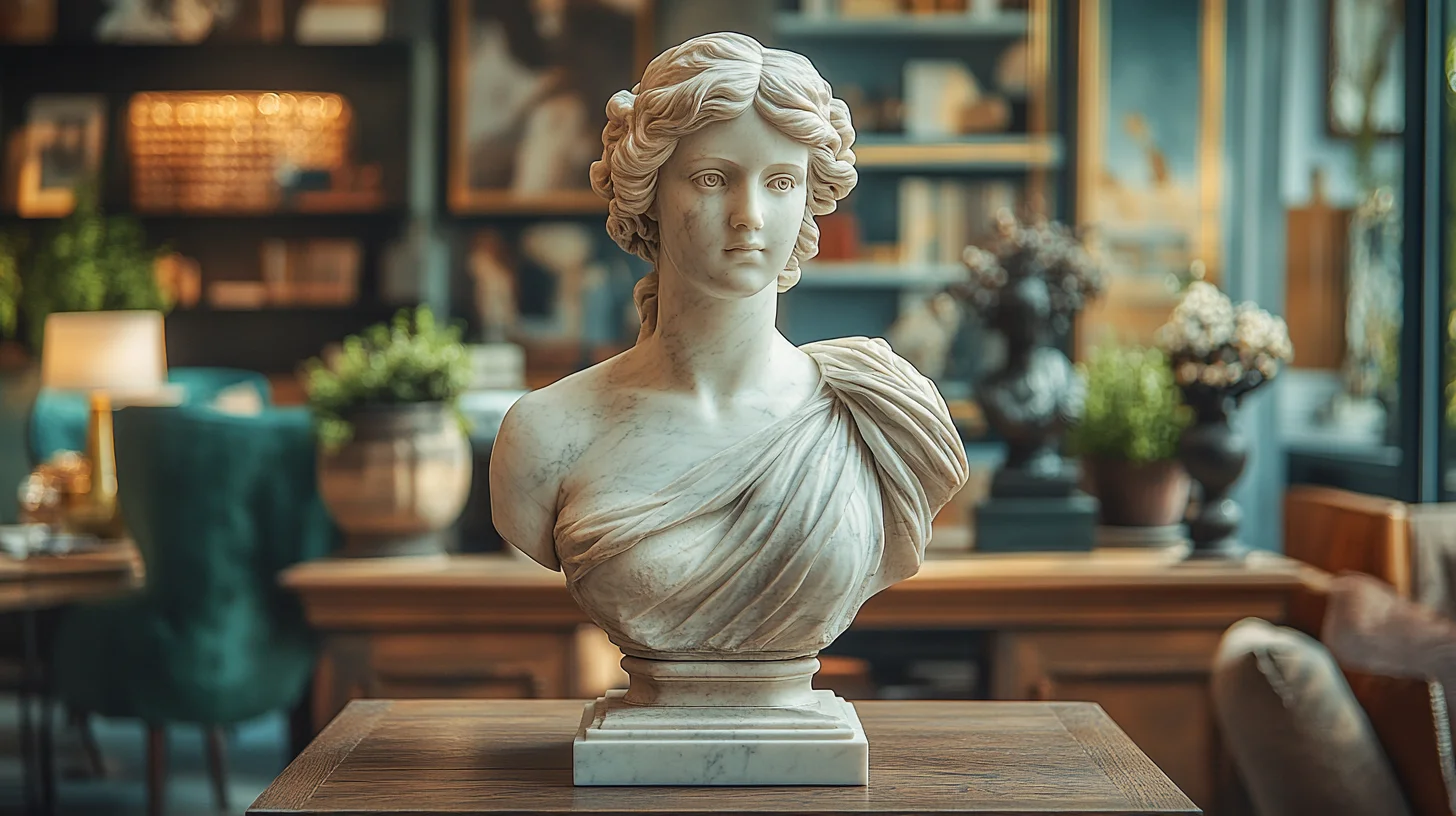 buste-brug-hjem-interioerdesign Elegant marmor buste som et centralt element i en stilfuld stue, omgivet af moderne interiør og dekorative detaljer.