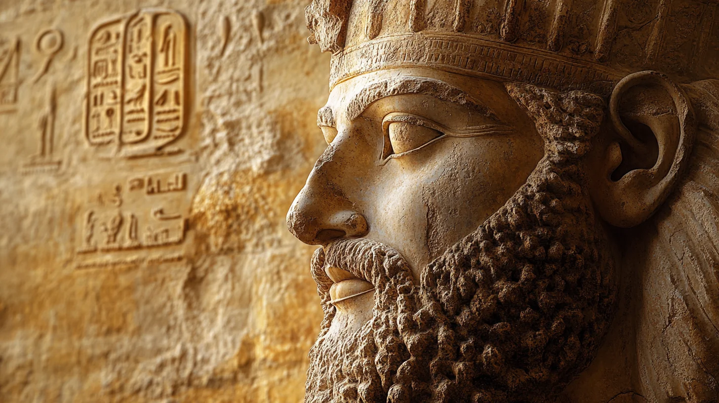 Sideprofil af en detaljeret buste fra det gamle Egypten eller Mesopotamien, med antikke hieroglyffer indgraveret i baggrunden.