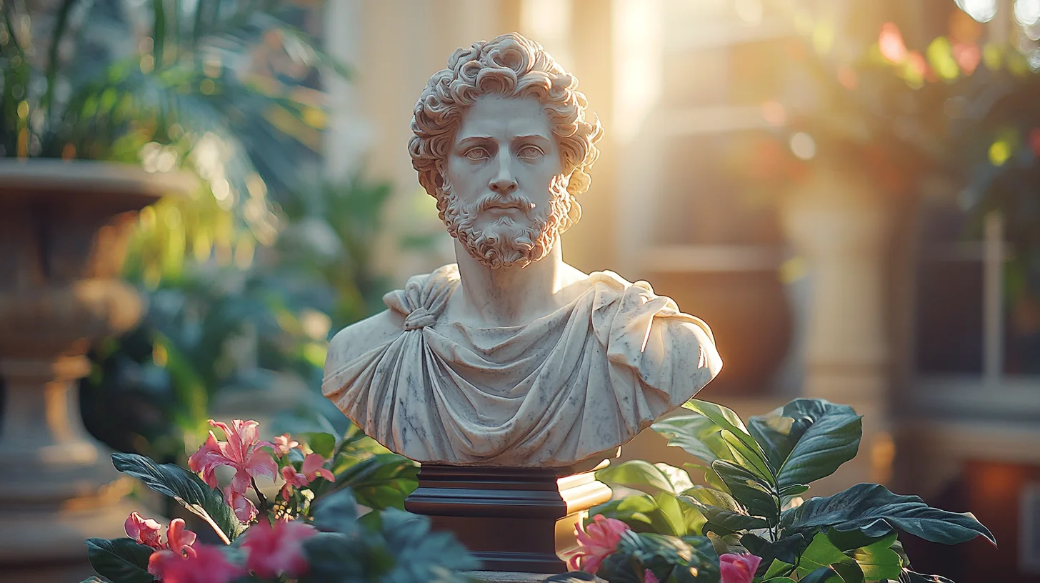 Klassisk marmor buste omgivet af grønne planter og blomster, oplyst af naturligt sollys i en elegant haveindstilling.