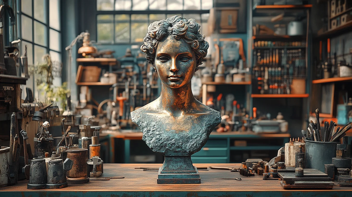 Detaljeret metalbuste i et værksted fyldt med værktøjer og industrielle elementer, der afspejler håndværkets kunst og historie.