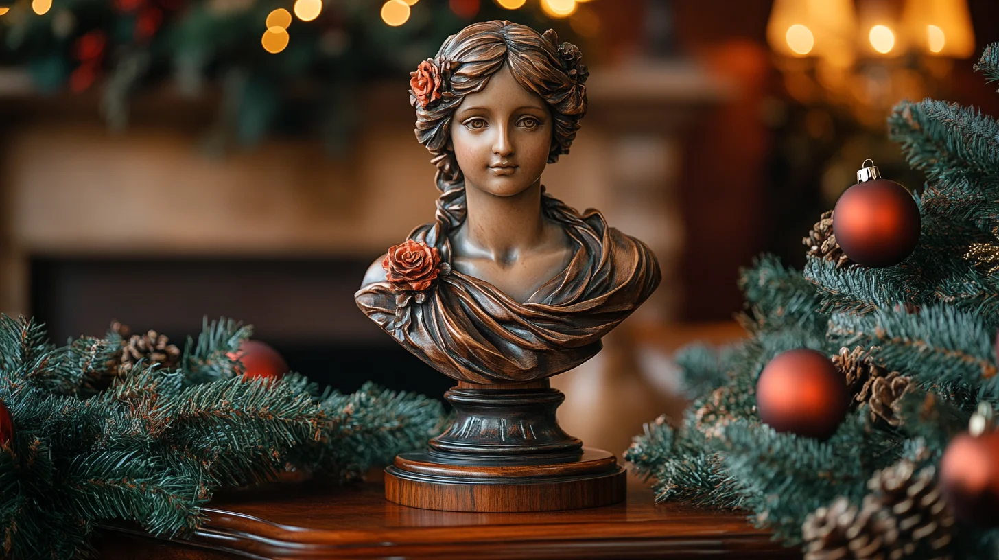 Elegant buste med feminine træk, smukt placeret blandt julepynt og grangrene, symboliserende en personlig gaveidé til højtiden.