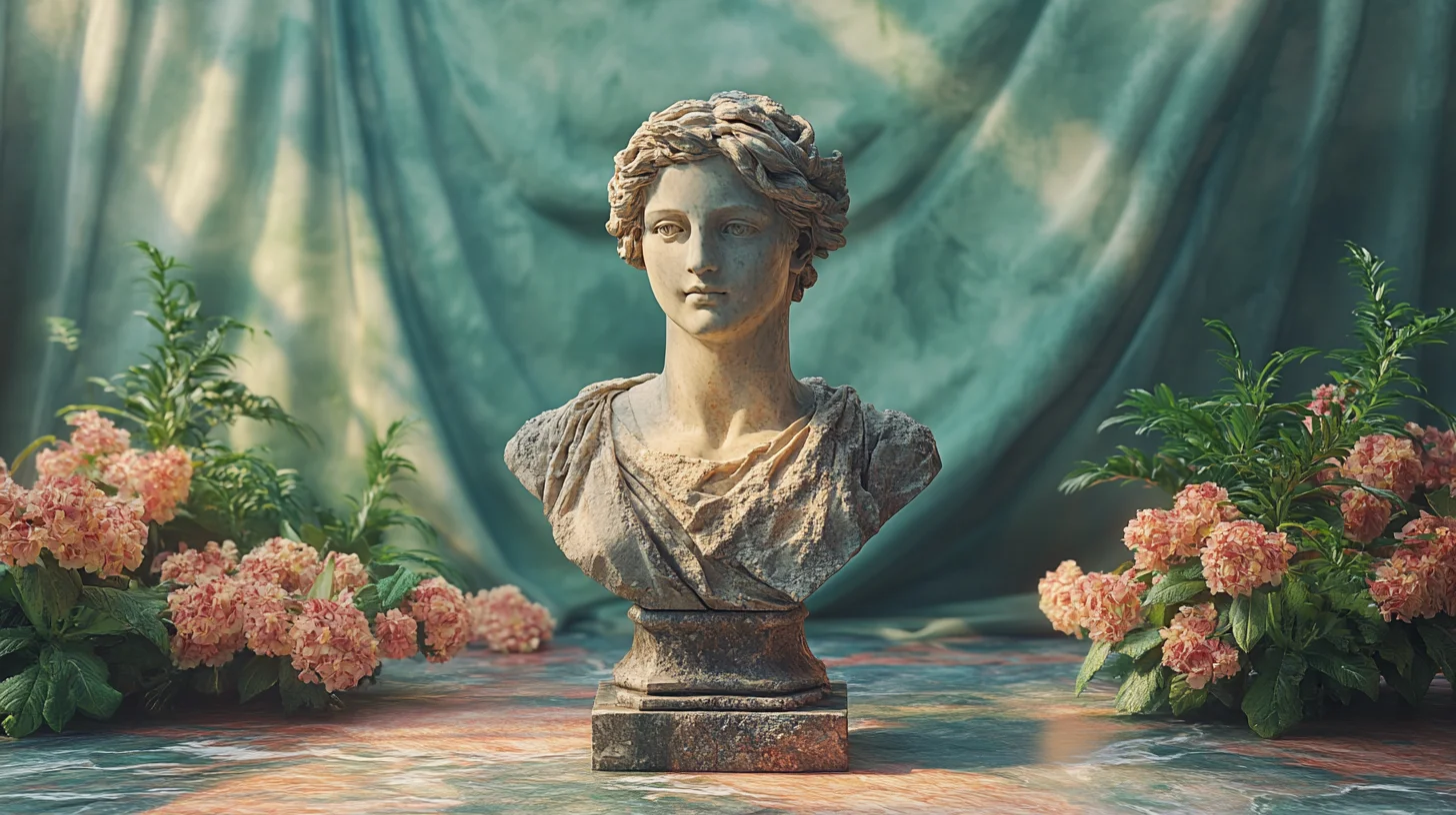 Klassisk buste lavet i sten omgivet af blomster og en elegant baggrund, der fremhæver dens håndværksmæssige detaljer og historiske æstetik.
