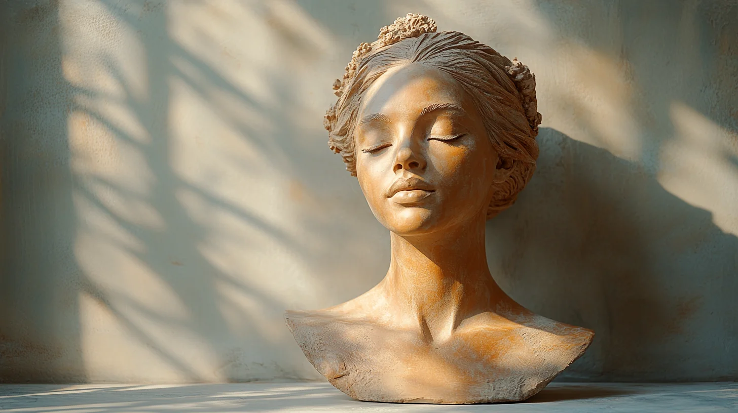 buste-terrakotta Detaljeret terrakotta-buste med varme jordfarver og bløde skygger, symboliserende klassisk kunst og håndværk.