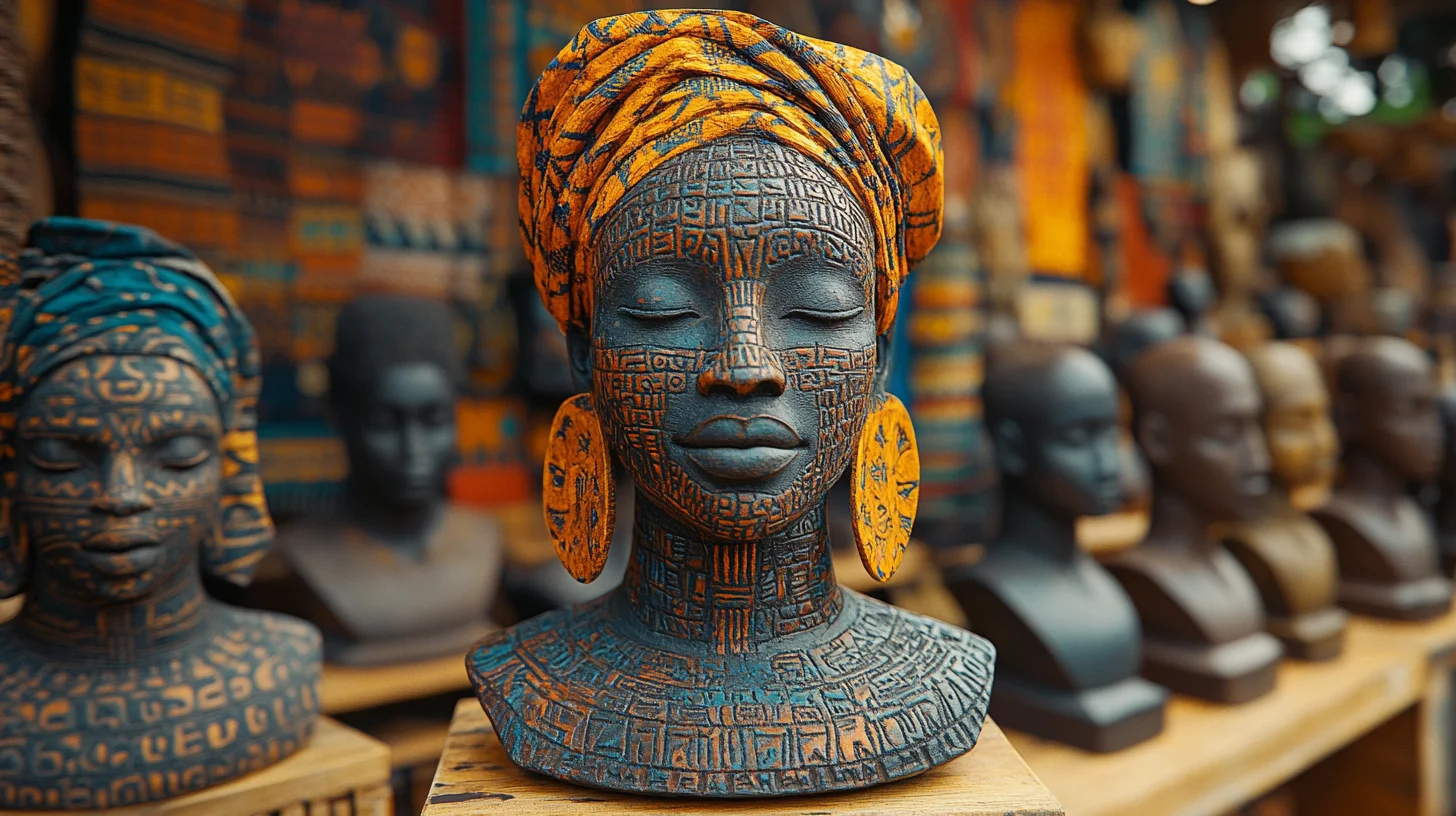 buster-afrikansk-kultur Traditionel afrikansk buste med detaljerede udskæringer og farverige mønstre, omgivet af andre skulpturer og kulturelle tekstiler.
