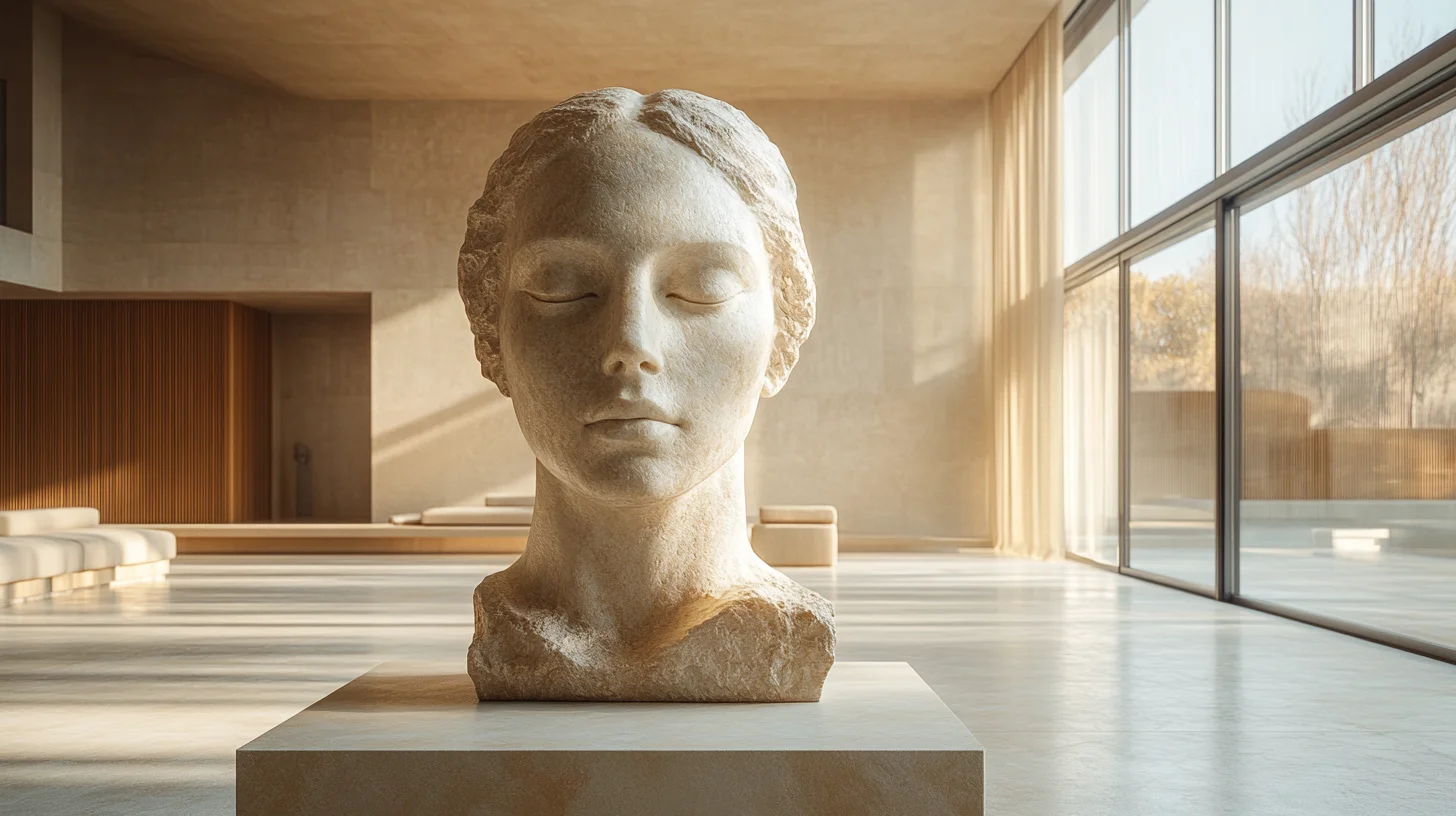buster-moderne-anvendelse Modern bust sculpture in a minimalist interior with natural light streaming through large windows.