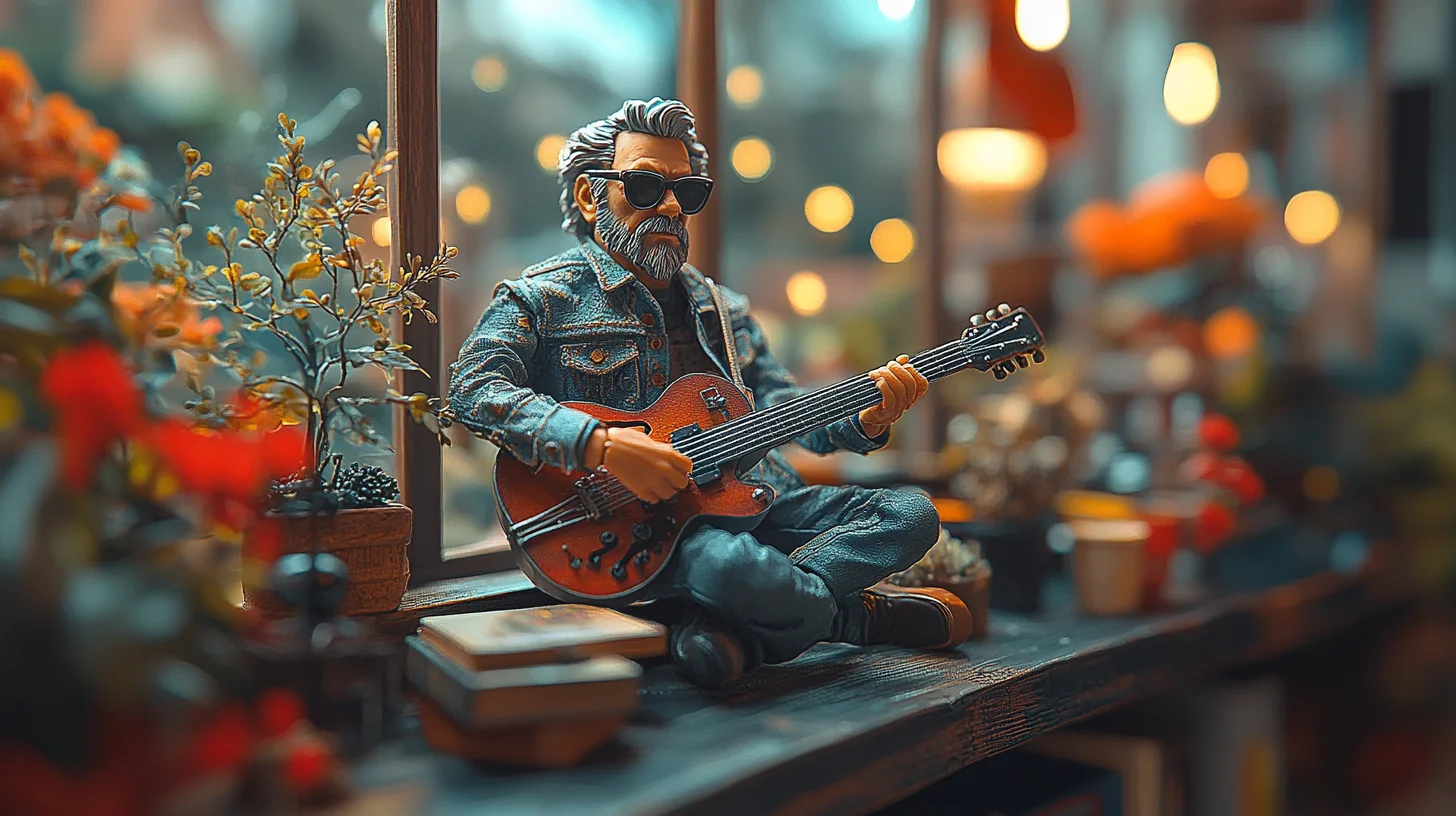 Detaljeret 3D printet personlig figur af en mand med skæg og solbriller, siddende med en guitar, omgivet af en varm og hyggelig interiørstemning med planter og bøger