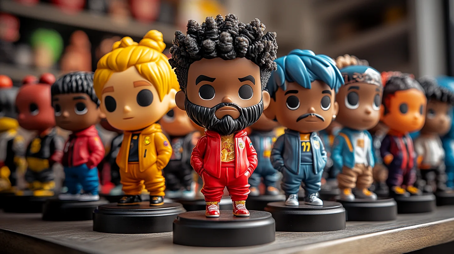 En række detaljerede og farverige bobbleheads med forskellige karaktertræk og unikke designs, der står på en hylde.