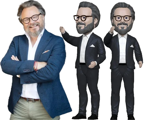 3D printede bobbleheads af en smilende mand i blå blazer og briller, baseret på hans portræt.