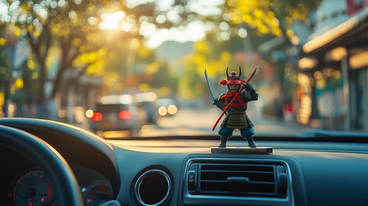 En samurai bobblehead figur placeret på instrumentbrættet i en bil, med sollys og en byvej i baggrunden.