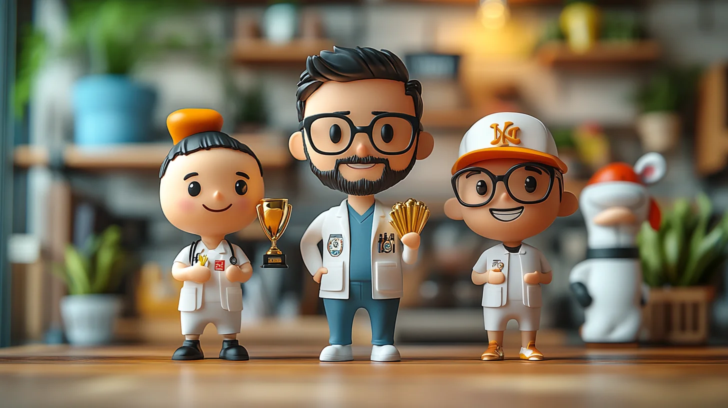 Personlige bobbleheads i forskellige designs – en læge med trofæ, en sportsudøver og en karakter i medicinsk tøj, på et detaljeret og lyst baggrundsbord.