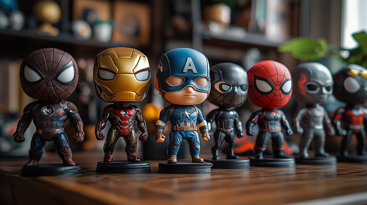 Bobbleheads of Marvel superheroes including Spider-Man, Iron Man, and Captain America on a wooden desk with a modern background.