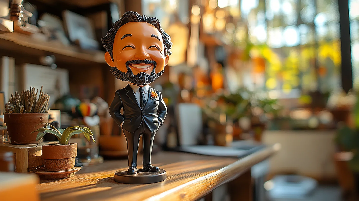 Personlig bobblehead af en smilende mand i jakkesæt på et stilfuldt skrivebord med planter i baggrunden.