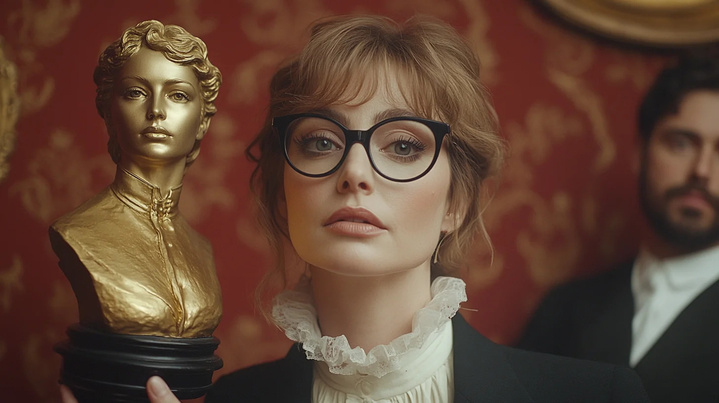 En kvinde i 50'erne med sorte briller og en mørk blazer holder en gylden buste af sig selv på en sort sokkel. Baggrunden har en rød, mønstret tapet, og en mand i jakkesæt skimtes i baggrunden