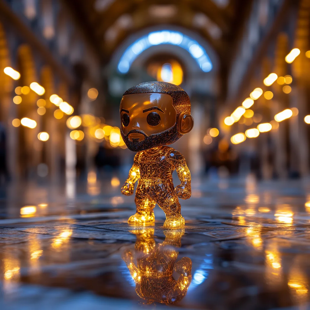 Sjælden og værdifuld bobblehead med gylden finish og LED-lys, placeret i en luksuriøs, oplyst hal med refleksioner på marmorgulvet.