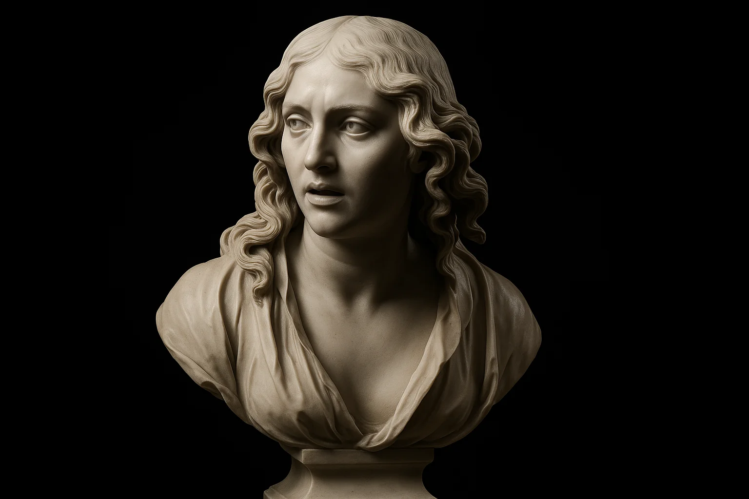 bernini-buster-top-5 Marmorbuste af kvinde med løsthængende hår og intenst blik, inspireret af Berninis barokstil