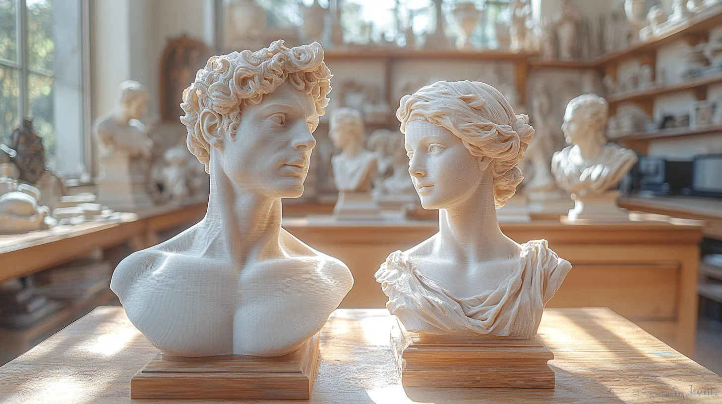buste-med-dit-ansigt-3d To detaljerede 3D-printede buster af en mand og en kvinde, placeret på træpodier i et solbeskinnet kunstneratelier, omgivet af klassiske skulpturer og værktøjer.