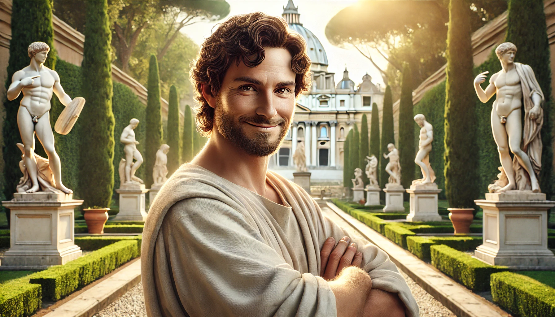 buste-skulptorer-mest-kendte Portræt af Michelangelo, smilende med korslagte arme i en smuk have i Vatikanstaten, omgivet af klassiske skulpturer og frodig beplantning.