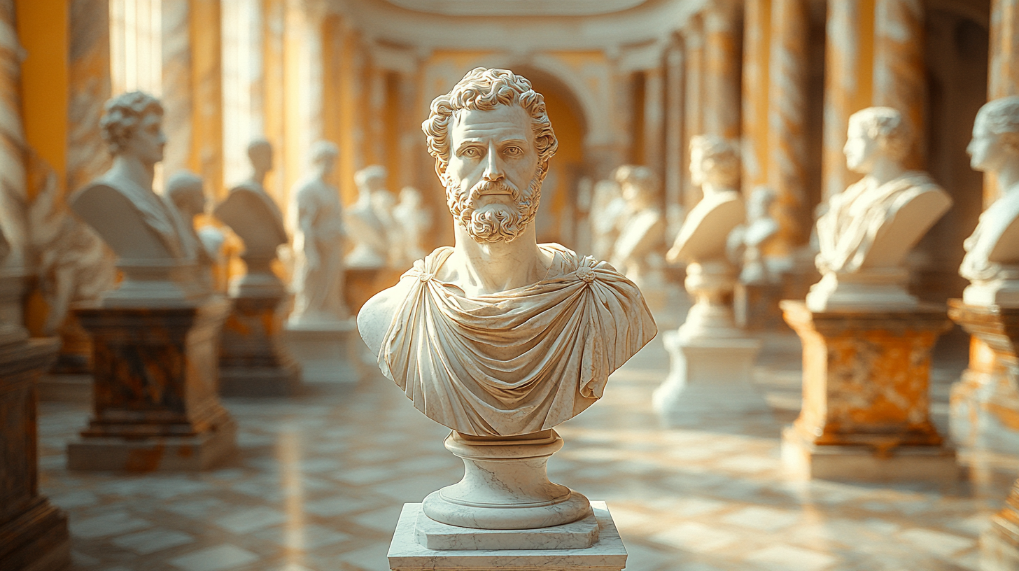 thorvaldsen-buster-top-5 Marmorbuste i forgrund omgivet af klassiske skulpturer i en udstillingssal med søjler og gyldent lys.