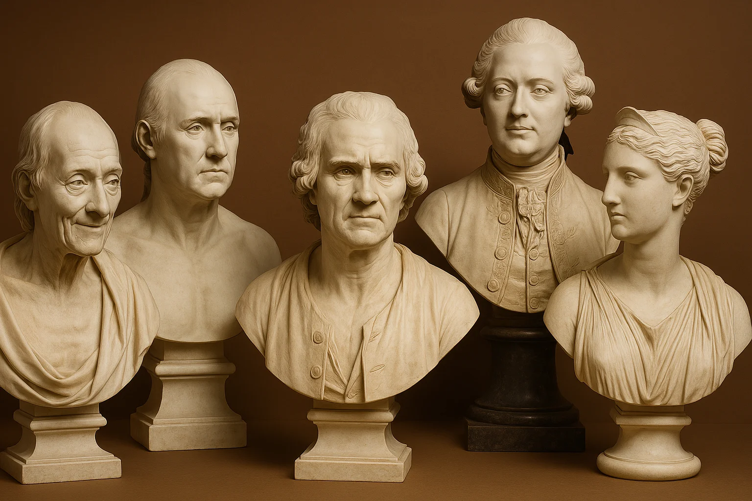 top-5-buster-jean-antoine-houdon Billede af fem neoklassiske buster af Jean-Antoine Houdon, herunder portrætter af Voltaire, George Washington, Jean-Jacques Rousseau, Louis XVI og Diana, fremstillet med exceptionel præcision og detaljer.