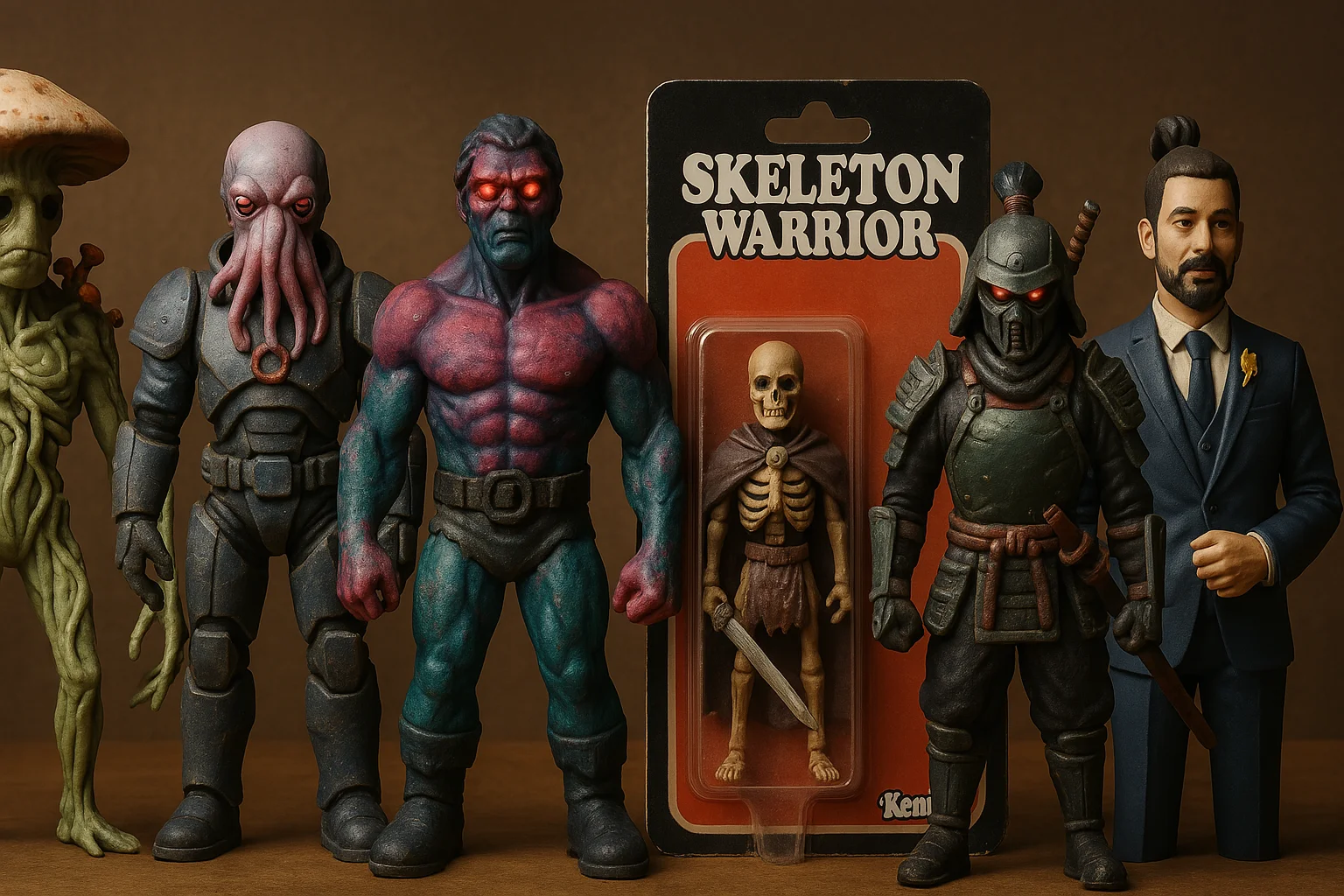 AI genererede actionfigurer fra Midjourney og DALL·E som fysiske 3D-modeller, herunder mutant, kriger og kontormand