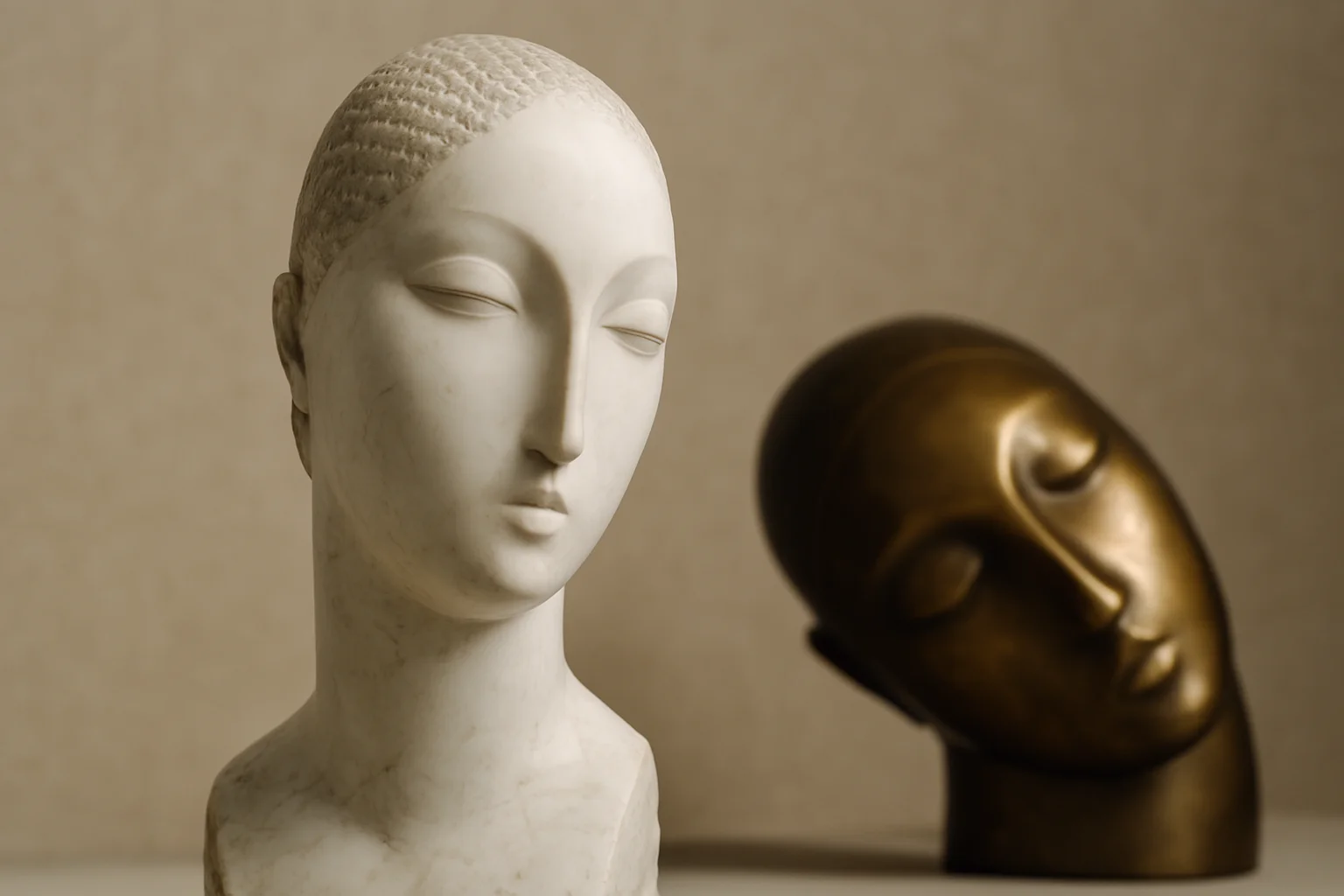 Brâncuși-inspirerede buster i marmor og bronze, med fokus på form og stilisering