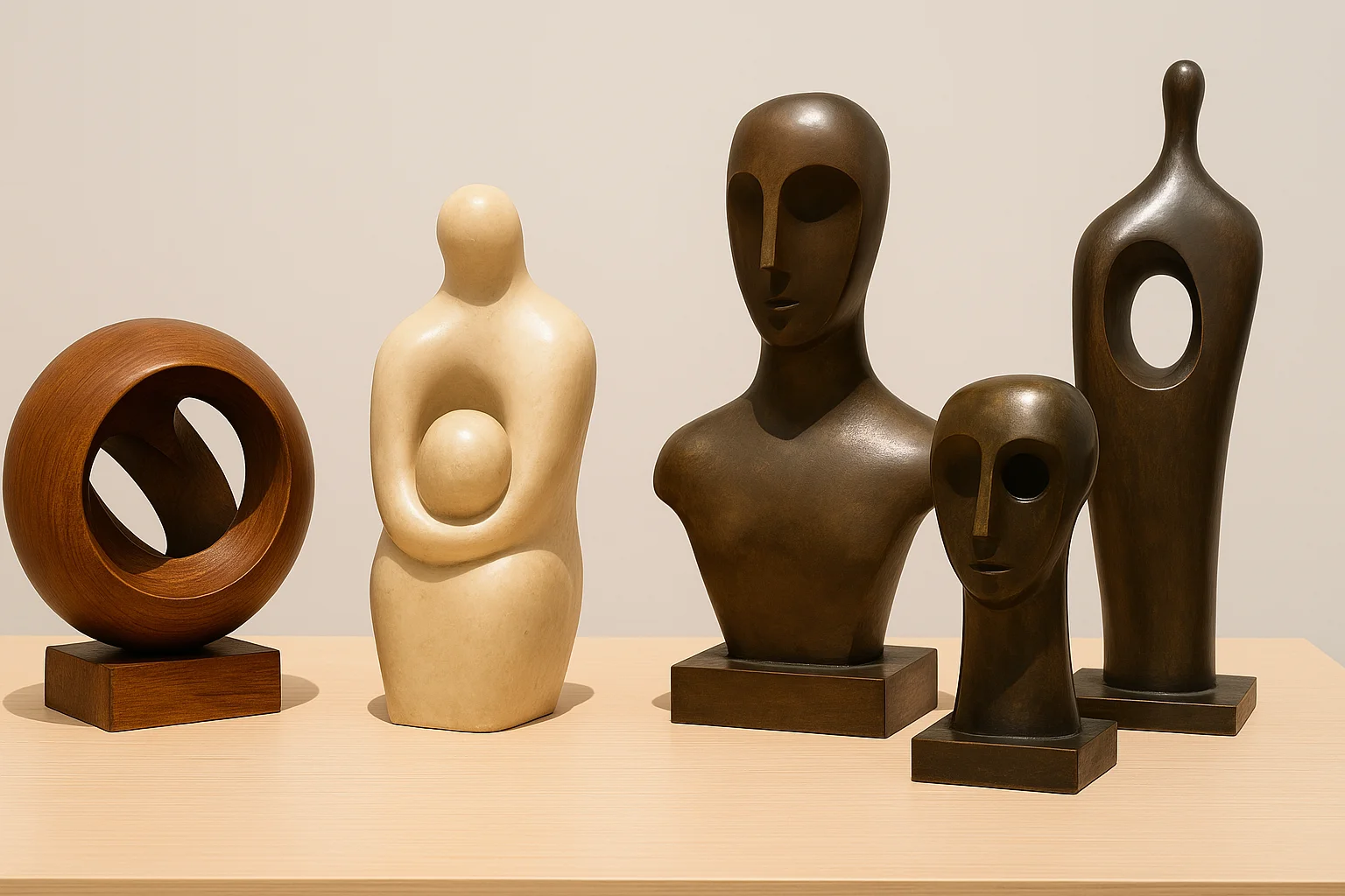 Fem buster inspireret af Barbara Hepworth udstillet i et lyst galleri, skabt i træ, bronze og alabaster med organiske og abstrakte former.