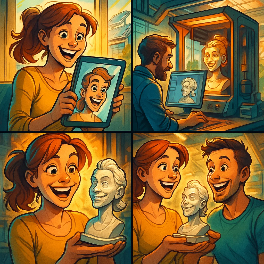 Kvinde modtager en 3D printet buste baseret på sin AI-genererede avatar i en farverig tegneseriestribe