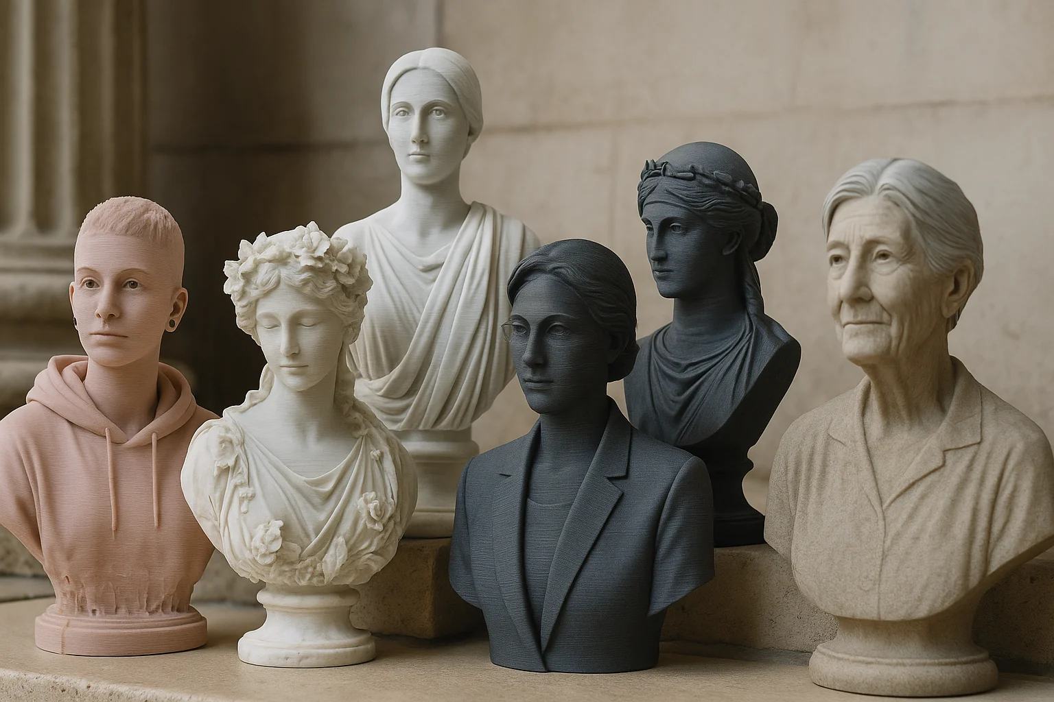 3d-buster-kvinder-generationer-og-stilarter Seks kvinde buster i forskellige aldre og stilarter udstillet foran en stenvæg