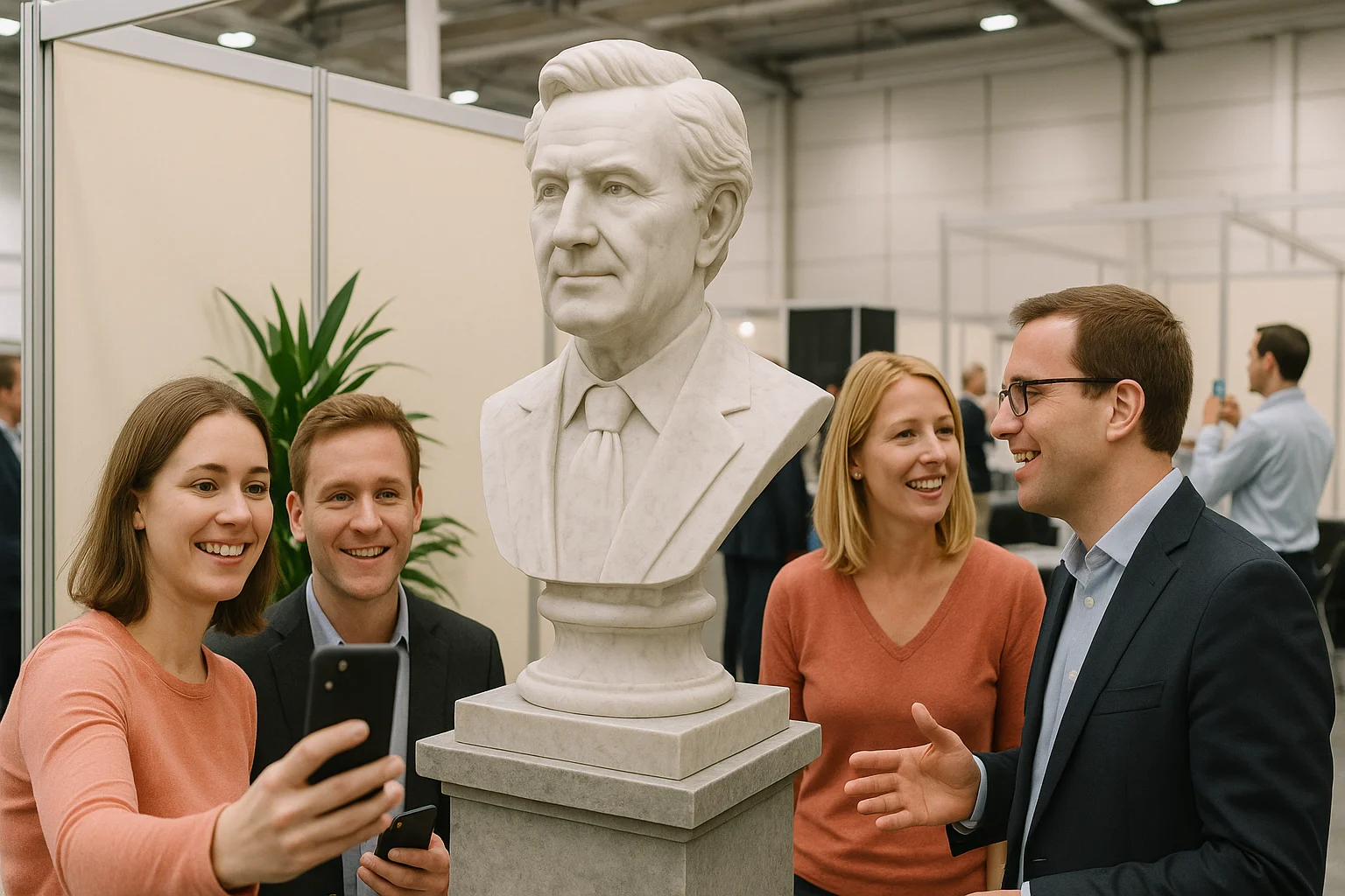 buste-messe-konferencer Personer tager billeder og netværker omkring en realistisk 3D buste på en messestand