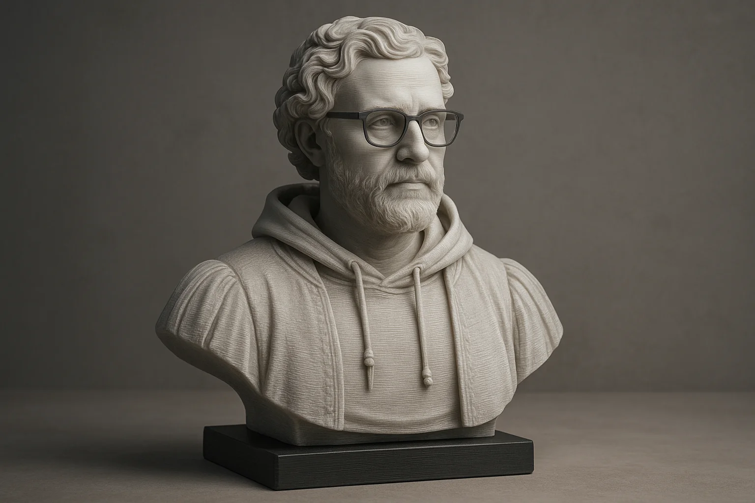 3D printet buste i renæssance-inspireret stil med hættetrøje og briller