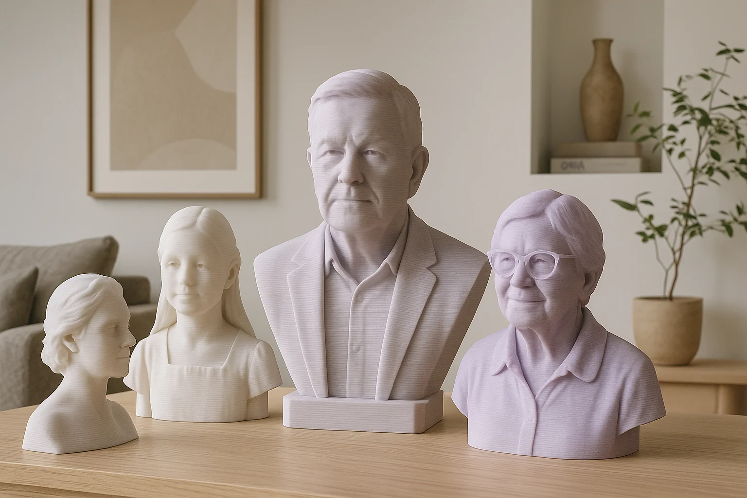 Fire 3D-printede buster i PLA opstillet på bord i skandinavisk indrettet stue