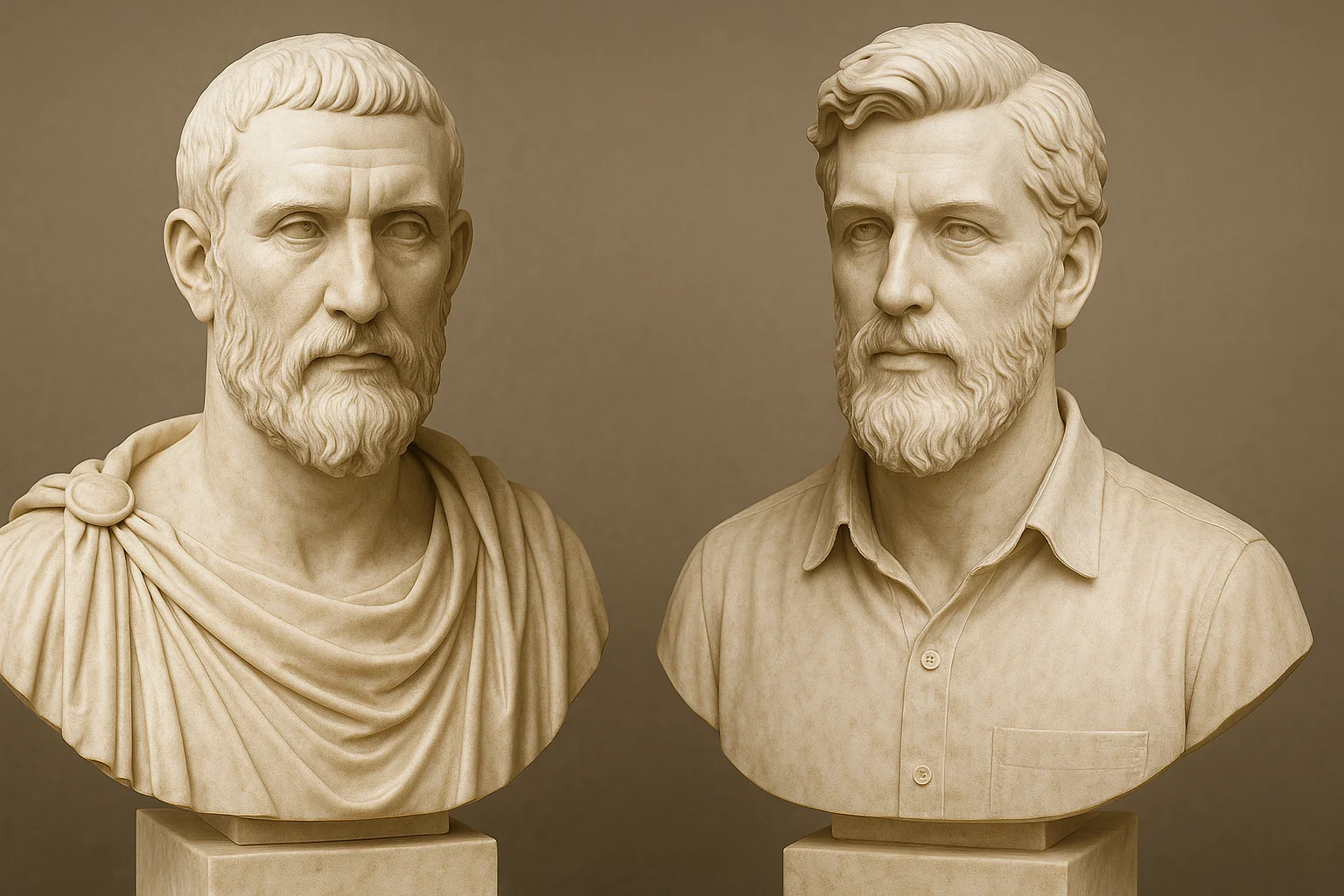 To marmorbuster af samme mand – én i klassisk romersk stil med toga og én i moderne stil med skjorte, begge med fuldskæg