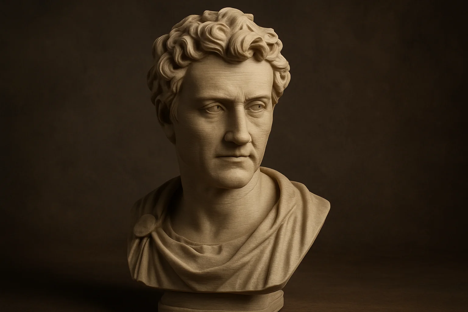 3d-print-buste-klassisk-pla Klassisk inspireret buste af mand med krøllet hår, 3D-printet i beige PLA med realistiske detaljer