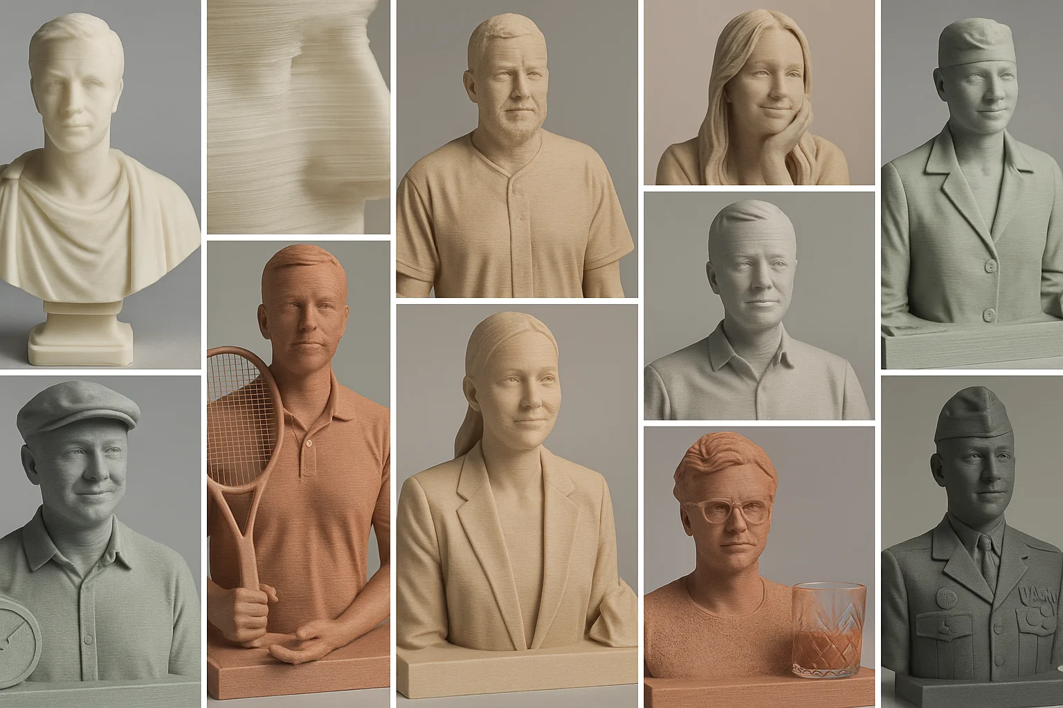 realistiske-pla-buster-galleri Samlingsbillede af 12 realistiske 3D printede buster i PLA med synlige laglinjer, forskellige farver og detaljerede portrætter
