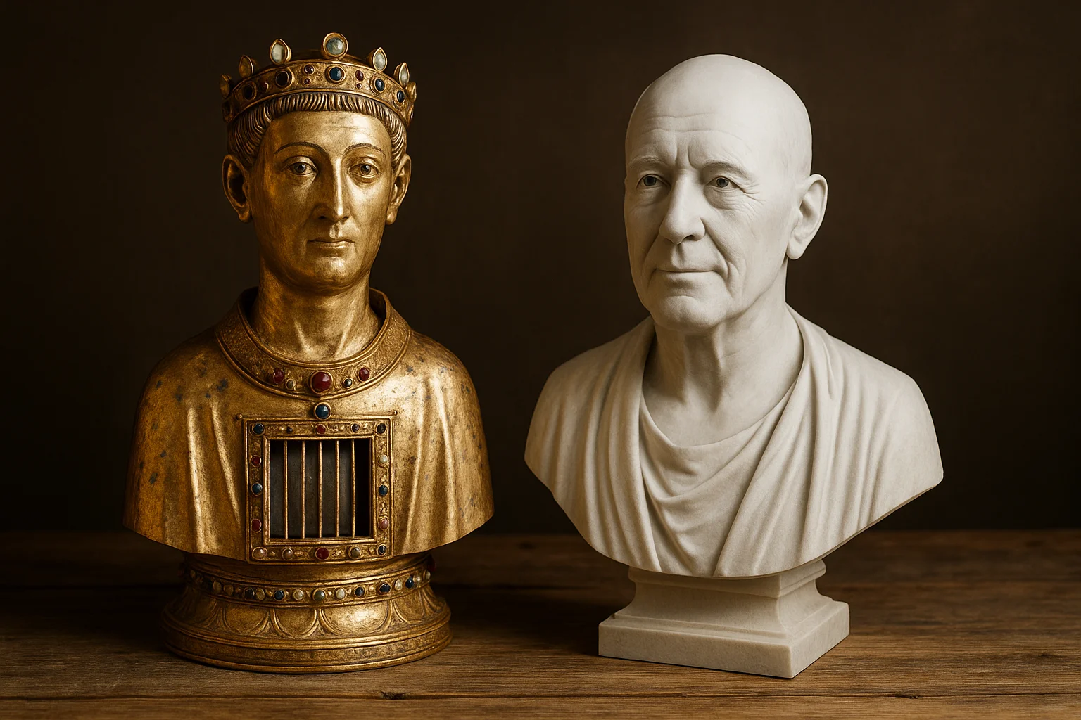 relikviebuste-og-moderne-personlig-buste En middelalderlig relikviebuste i guld med ædelstene ved siden af en moderne realistisk buste i hvid marmor