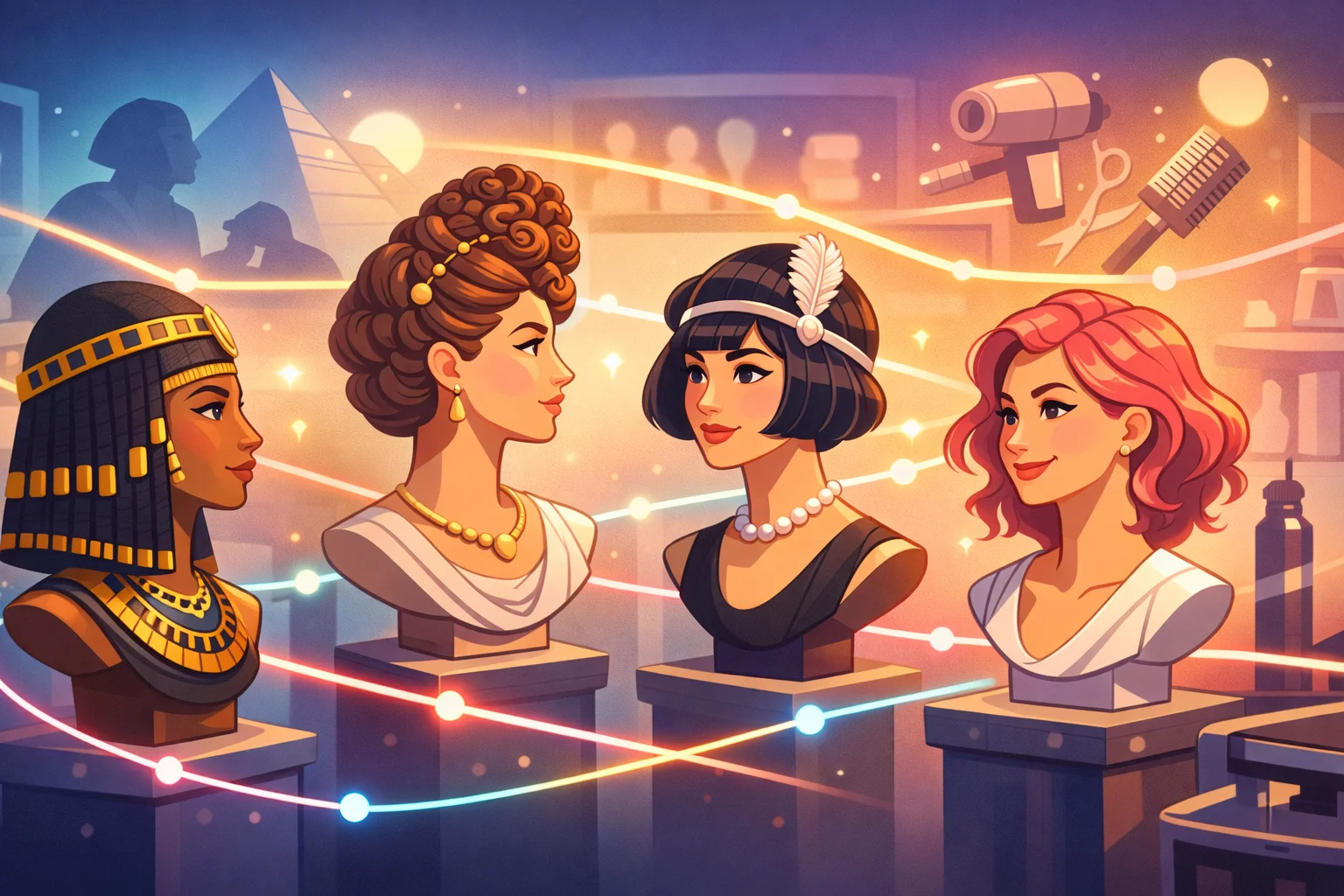kvindeportraetter-og-haar-fra-status-til-selvudtryk Illustration af fire kvindebuster med forskellige historiske frisurer, fra egyptisk og romersk til 1920’erne og moderne stil, forbundet af lyse neonlinjer som symbol på hår som identitet gennem historien