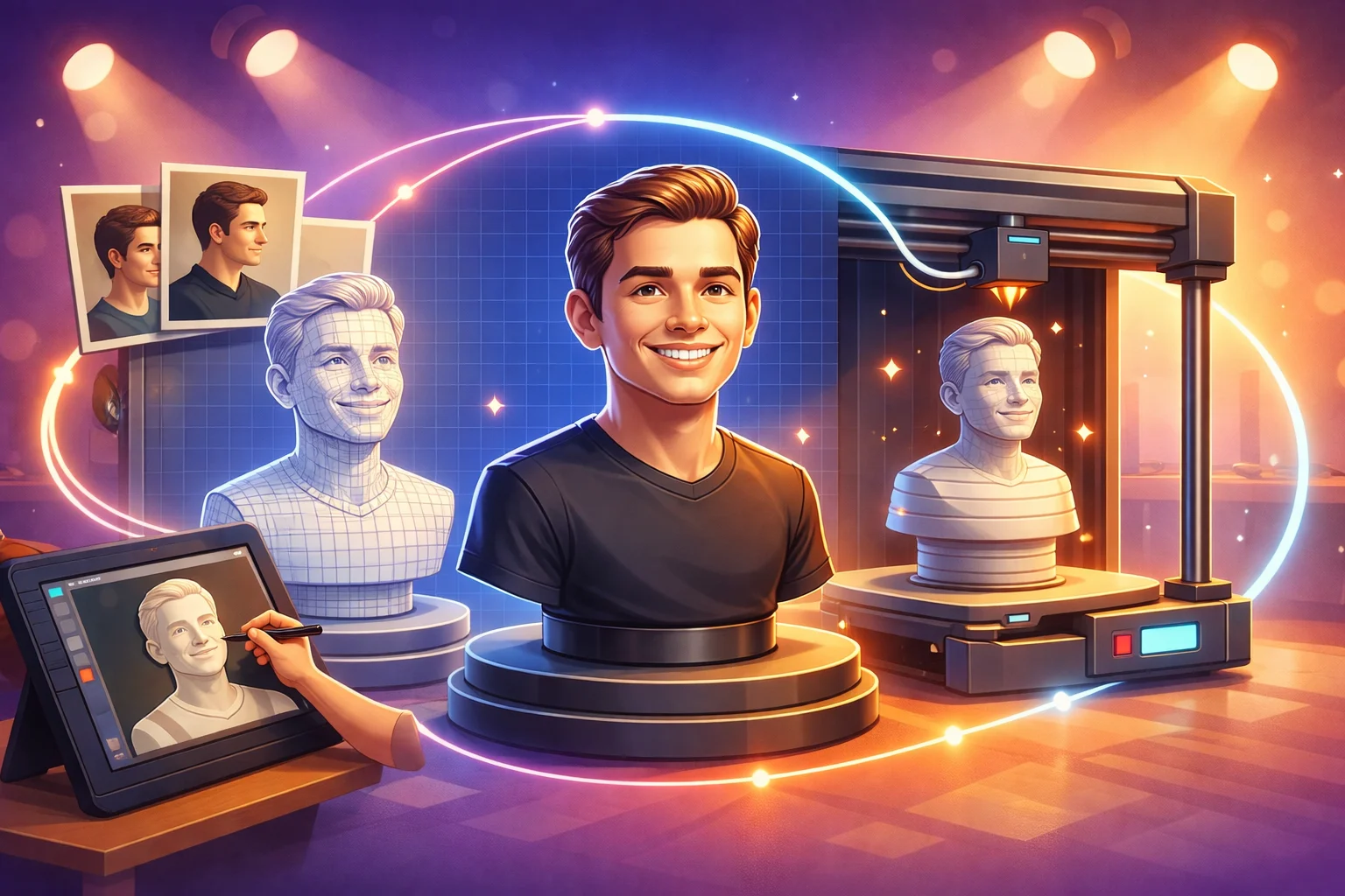 3d-figur-fra-foto-bustme Digital illustration der viser processen fra foto til 3D buste hos Bustme, med digital modellering, 3D print i lag og den færdige buste præsenteret på en piedestal