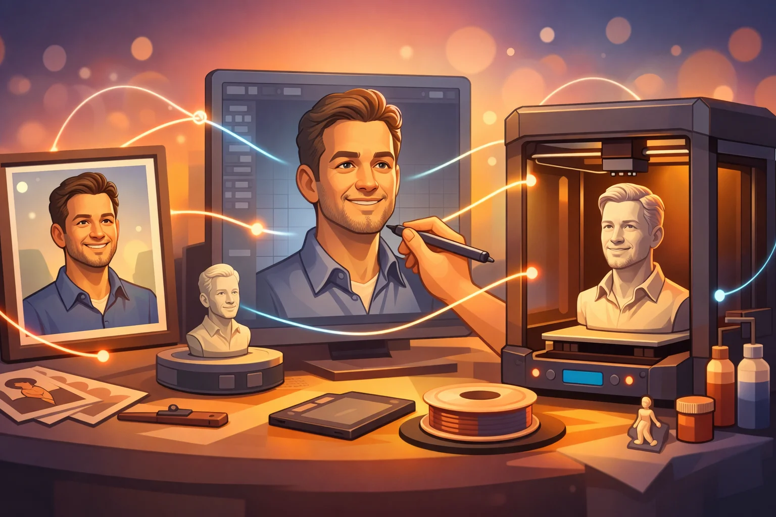 buste-leveringstid-kvalitet-3d-print Digital illustration der viser processen fra foto til færdig 3D printet buste, hvor et portrætfoto, digital modellering og 3D printeren forbindes med lysende linjer for at illustrere tid, kvalitet og håndværk