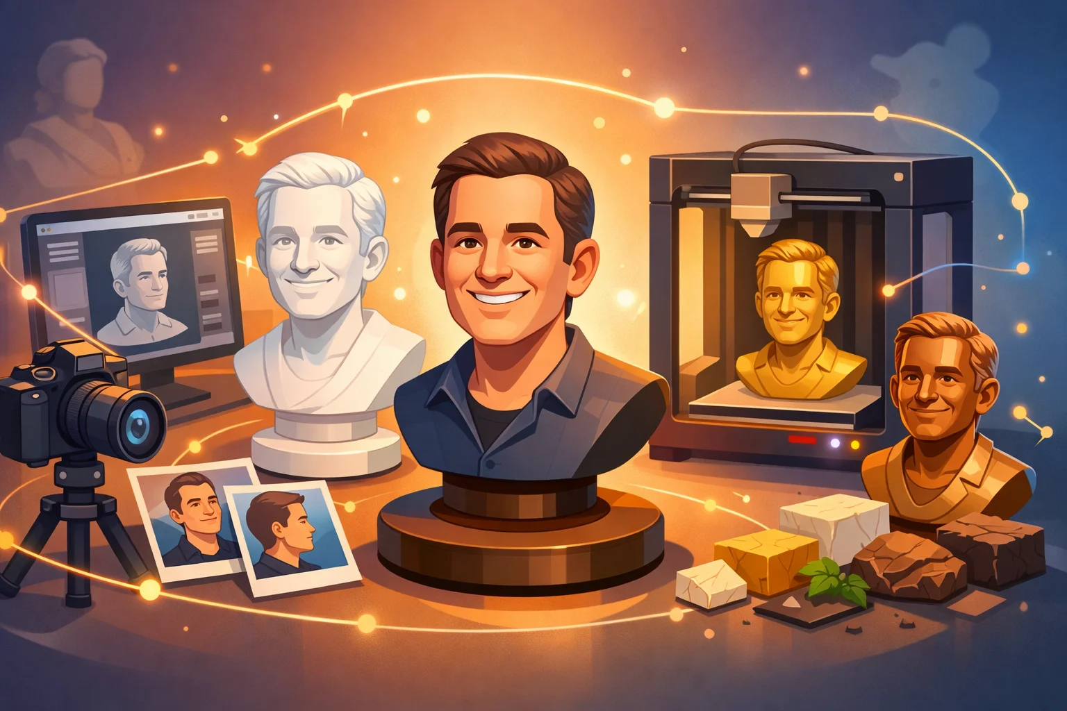 Buste med eget ansigt skabt fra fotos til 3D model og 3D print, vist som kreativ proces fra billeder til færdig personlig skulptur