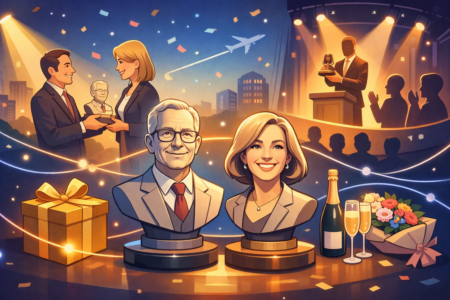 eksklusive-firmagaver-buster-jubilaeum-events Eksklusiv illustreret banner med personlige buster som firmagave til jubilæum og events, præsenteret i elegant ceremoni med gave, champagne og festlig stemning