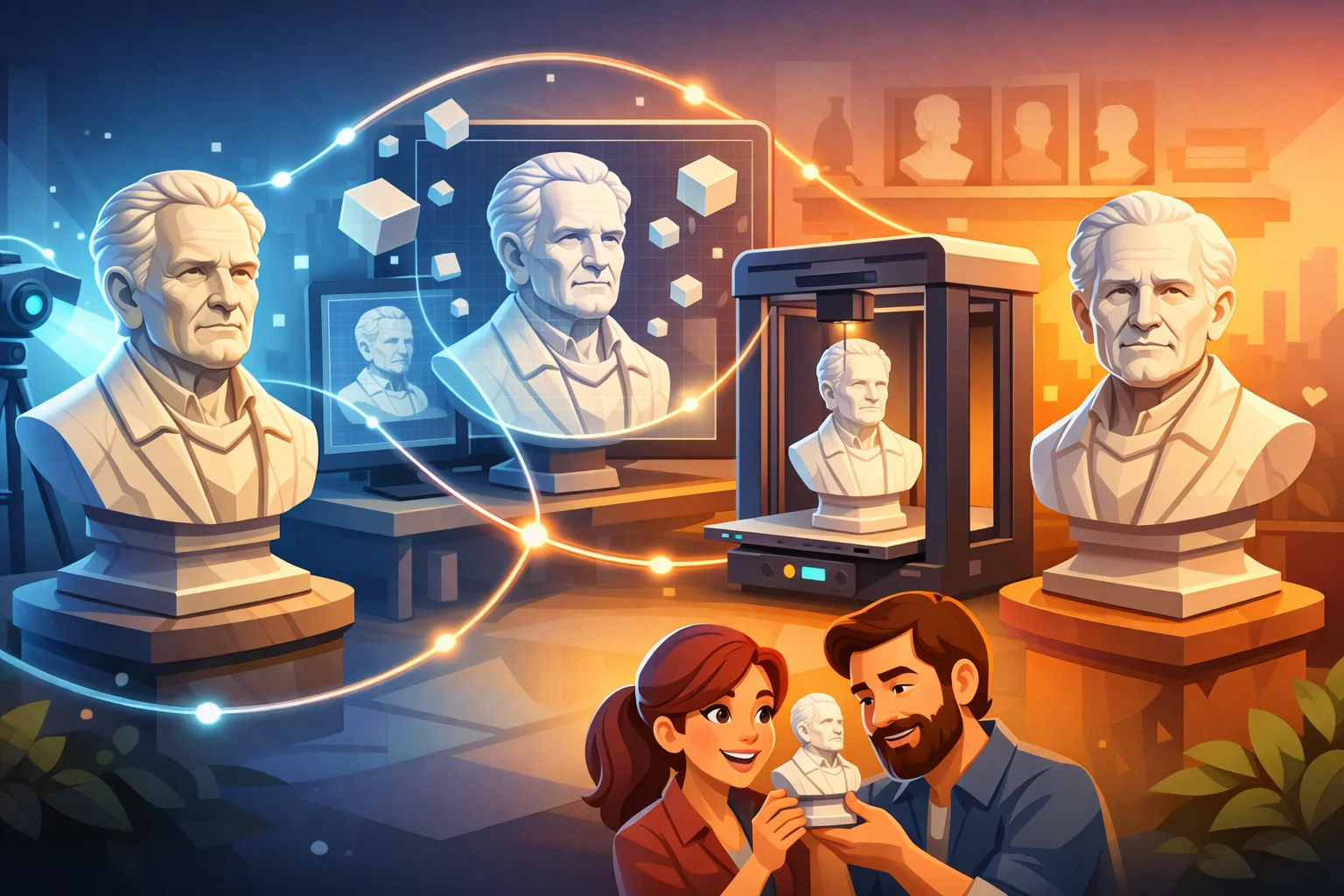 Illustration af en eksisterende buste, der bliver scannet digitalt og kopieret gennem moderne 3D teknologi, hvor processen viser både original, digital tvilling og færdig kopi i et kreativt værkstedsmiljø