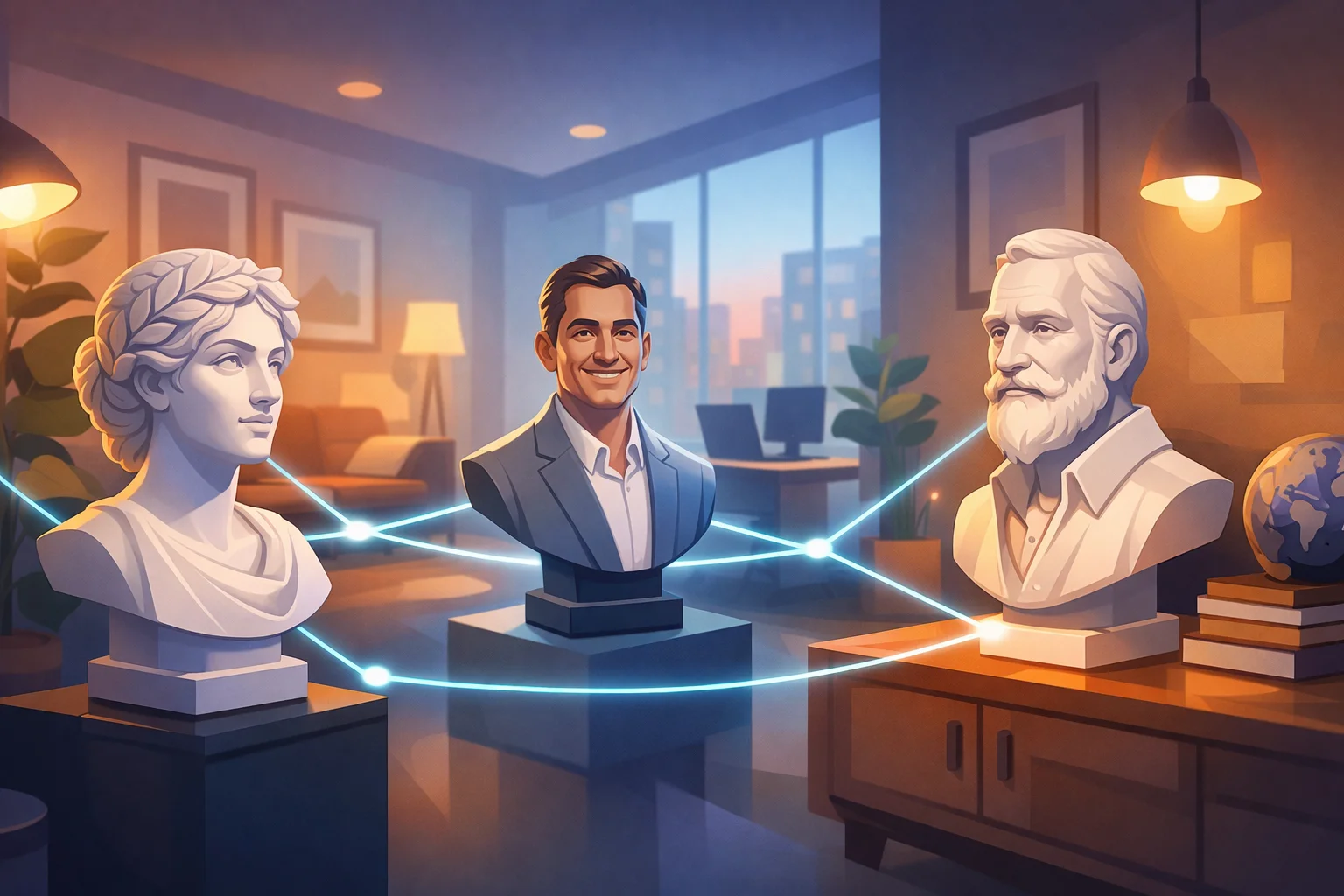 moderne-indretning-med-buster-bustme Moderne interiør med tre buster i et stilfuldt kontor- og stuemiljø, forbundet med diskrete lyslinjer, der symboliserer sammenhæng mellem historie, design og personlig identitet