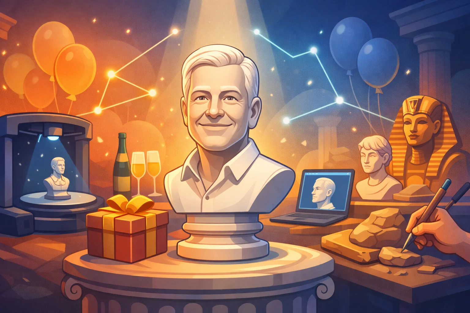 personlig-buste-gave-til-personen-der-har-alt Illustration af personlig buste som gave til personen der har alt, omgivet af gaver, balloner, 3D print proces og historiske skulpturreferencer
