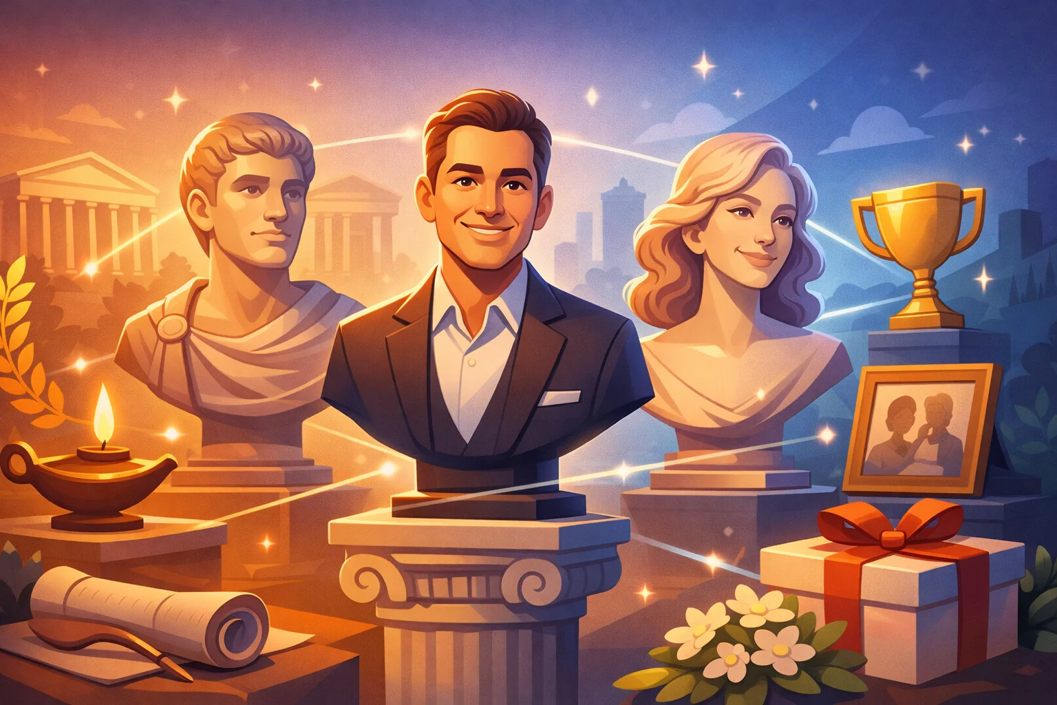 Illustration af personlige buster på sokler, hvor antikkens tradition møder moderne portrætkunst, omgivet af gaveæske, laurbærkrans og symboler på anerkendelse