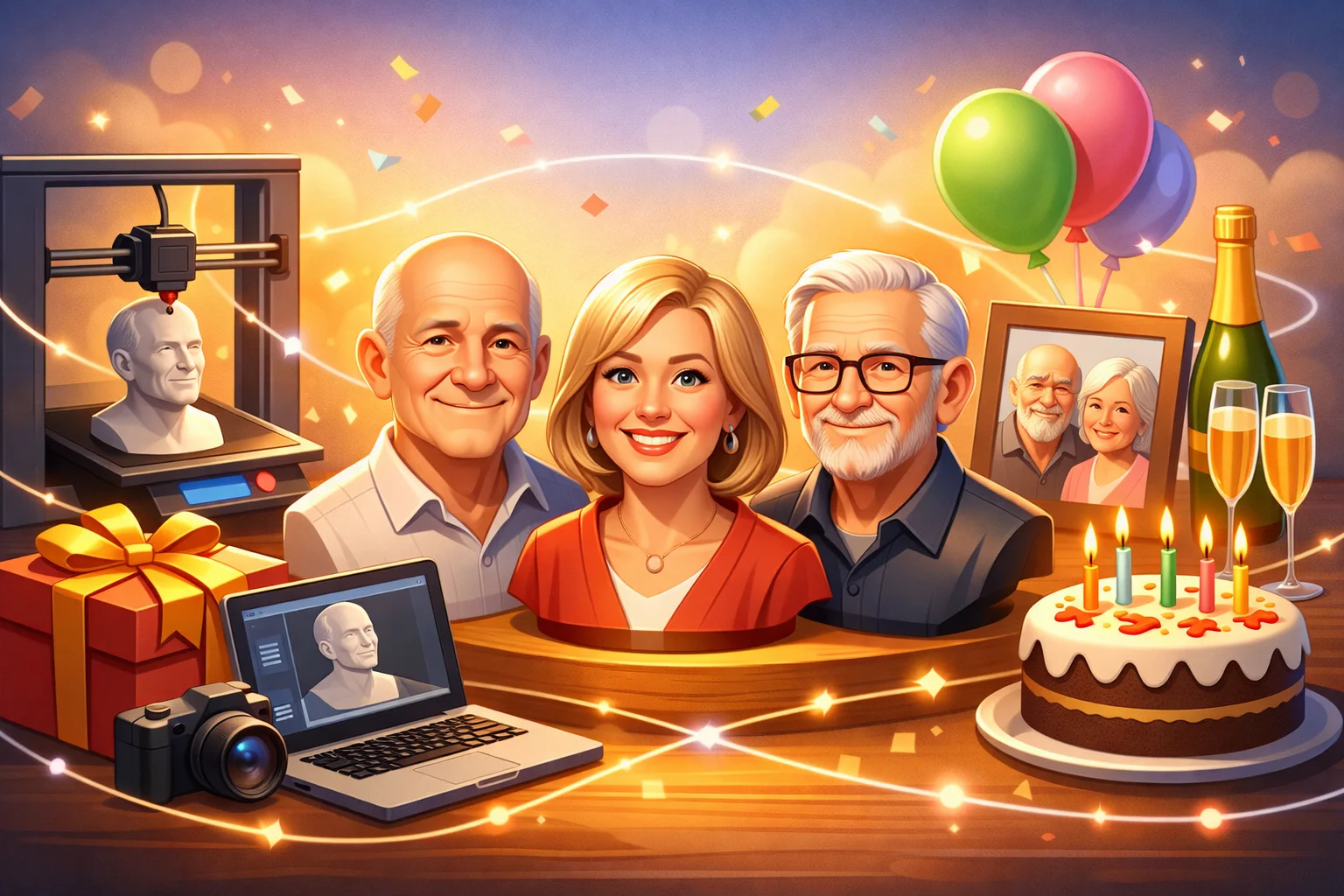 personlig-gave-til-rund-foedselsdag-3d-buste Illustration af personlige 3D printede buster som gave til rund fødselsdag, omgivet af fødselsdagsstemning med kage, balloner, gaveæske og 3D printer, som viser processen fra foto til færdigt kunstværk