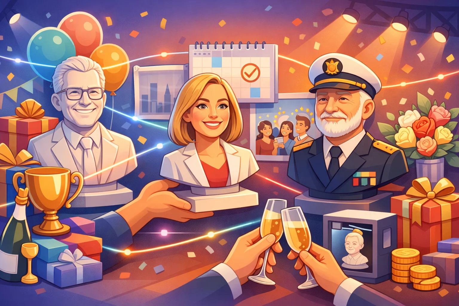 personlige-firmagaver-3d-buste-jubilaeum Digital illustration af personlige firmagaver med 3D printede buster, gaver, champagne og festlig fejring i et erhvervsunivers