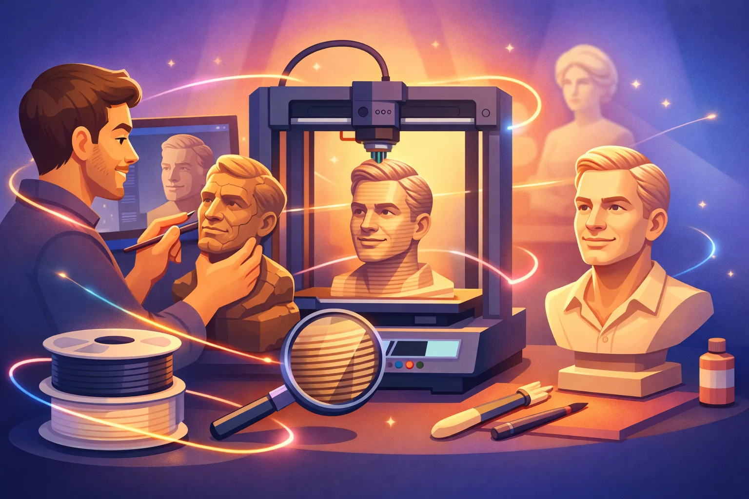 Illustration af professionel 3D print proces, hvor en kunstner arbejder med digital modellering, en 3D printer skaber en buste, og det færdige resultat vises som en detaljeret personlig buste med høj præcision