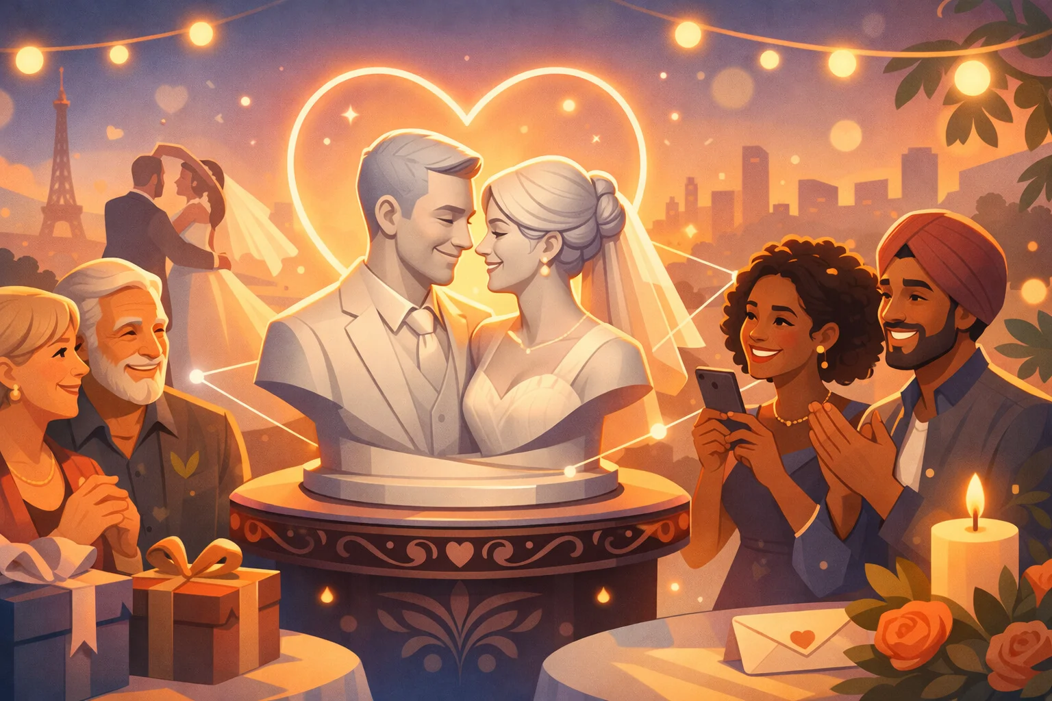 buste-bryllupsgave-3d-print Personlig bryllupsbuste af brudepar omgivet af gæster, som fejrer kærligheden med en unik 3D-printet bryllupsgave i moderne, kunstnerisk stil