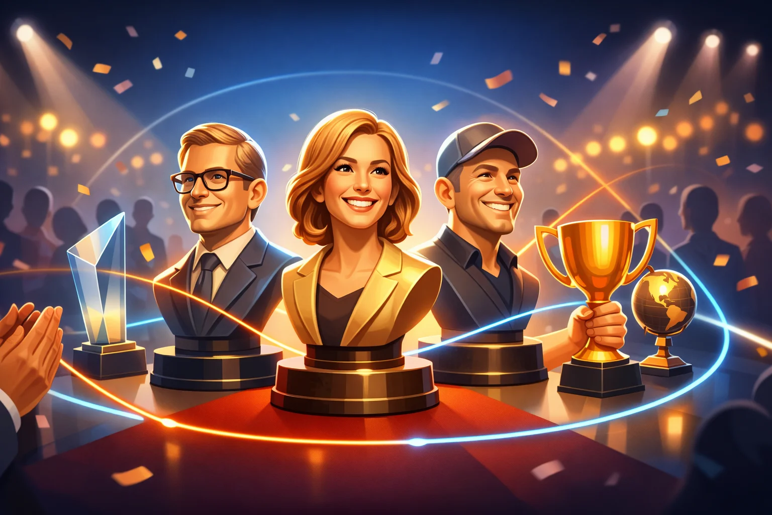 Illustration af skræddersyede buster som eksklusive trofæer ved en erhvervs prisoverrækkelse med stemningsfuldt lys og fejring